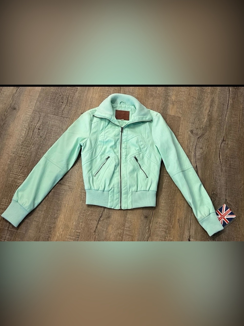 New small Miss London Mint Green Bomber Jacket with Ribbed Trim faux leather